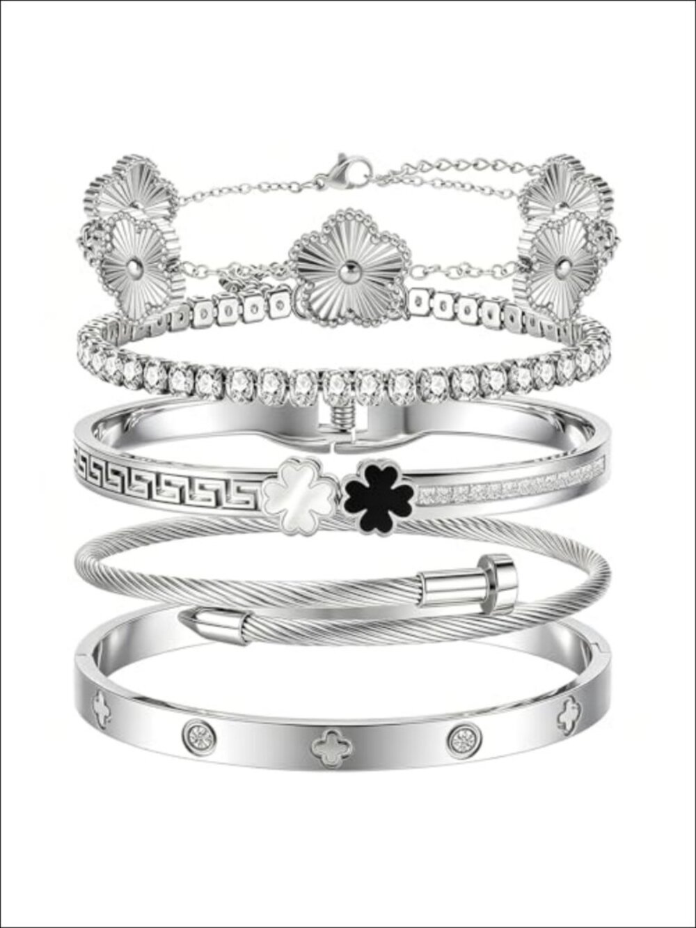 18K Silver Plated Stainless Steel Stackable Bangle Bracelet Set Clover Charm